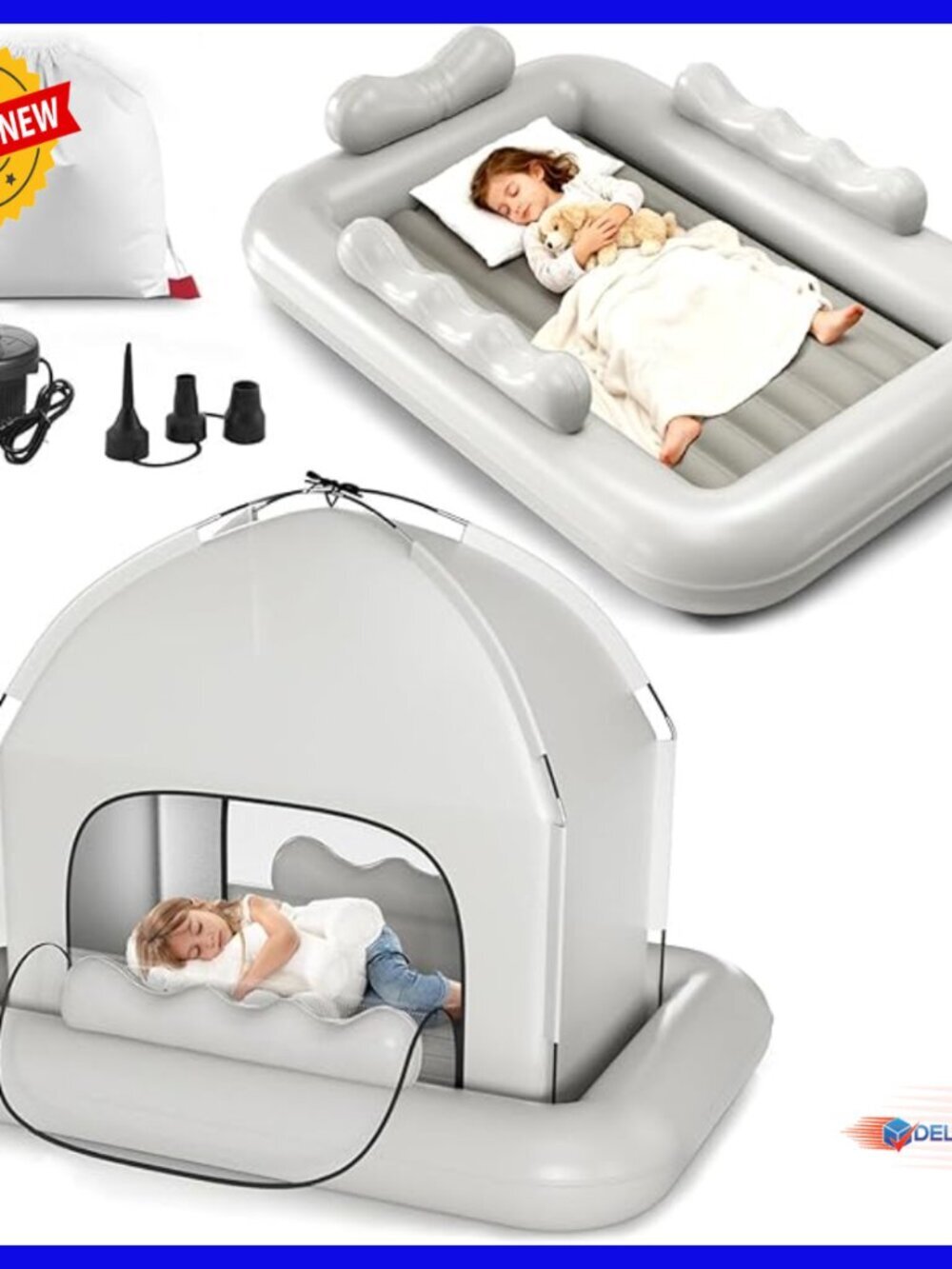 Inflatable Toddler Travel Bed with Tent, Safety Sides, Pump, Carry Bag
